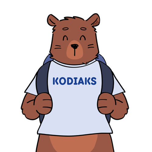 Kody Illustration by Monica He Illustration of brown bear wearing a backpack and t-shirt with 'Kodiaks' on the front